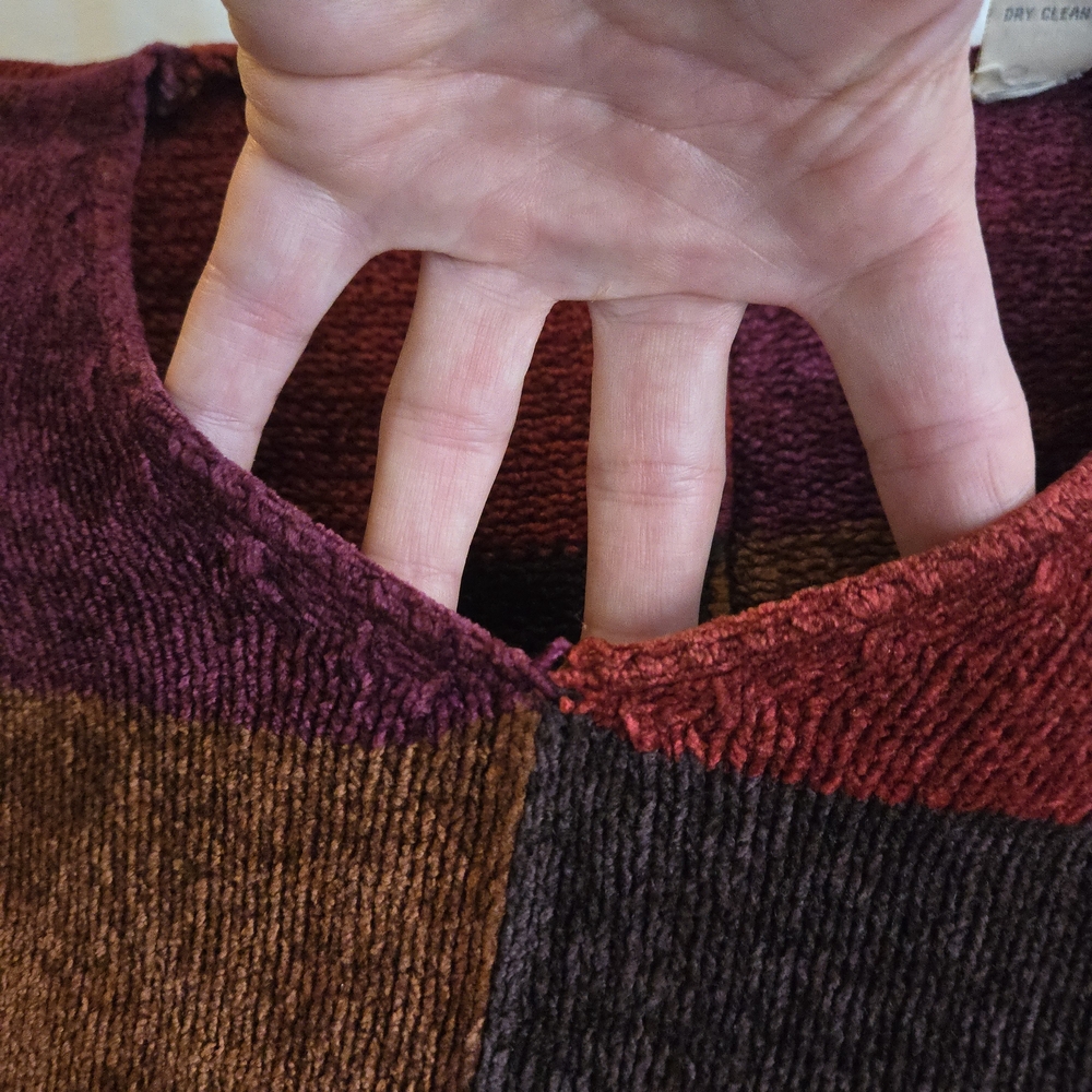 Lord & Taylor Vintage 90s Chenille Colorblock Patchwork VNeck Jewel Tone Sweater - Picture 4 of 12
